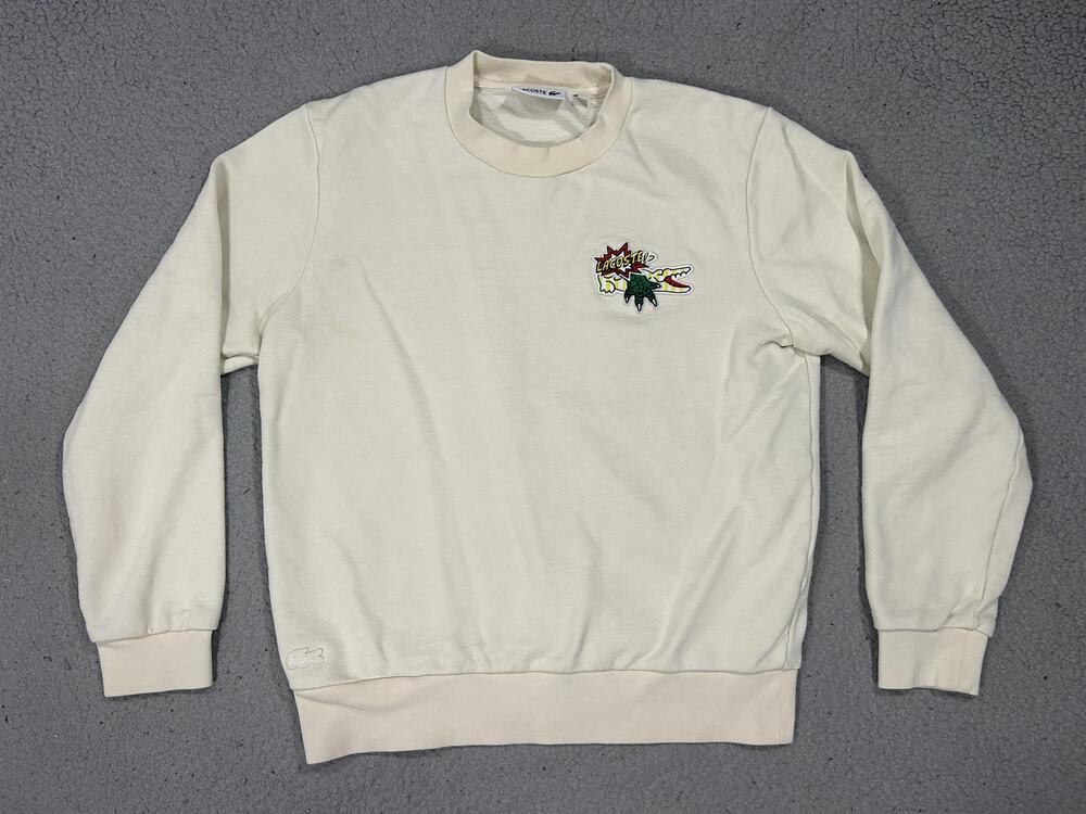 Lacoste Sweatshirt Mens Medium White Knit Crewneck Crocodile Big Logo France
